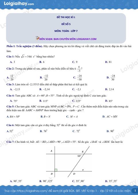 Đề thi học kì 1 Toán 7 - Đề số 5 - Kết nối tri thức